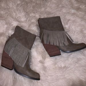Grey leather fringe boots